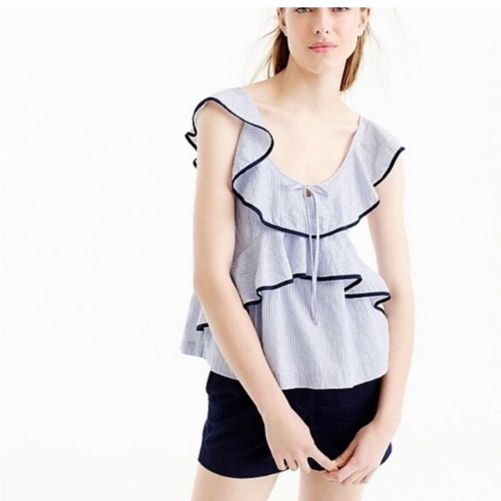 J. Crew Blue and White Ruffle Blouse